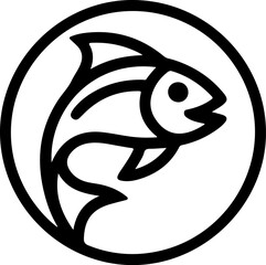 Stylized black and white fish icon in a circle