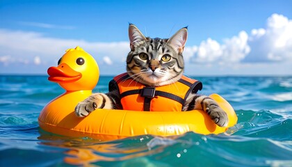 Cat wearing life vest on inflatable ring in ocean