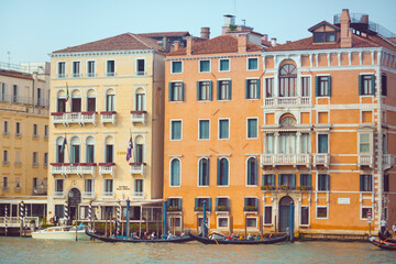 Traditional Colorful Buildings and Gondolas on Grand Canal in Venice, Italy