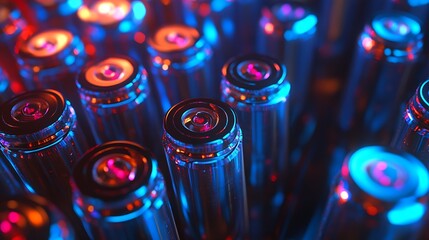 Vibrant battery cell clusters pulsing with light