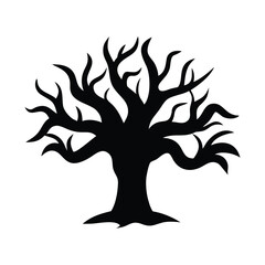 A graphic illustration of a bare, stylized tree in black silhouette against a white background, with twisted branches.