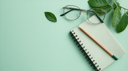 Flatlay of notebook, eyeglasses, and green leaf on mint green background for creative workspace or eco lifestyle
