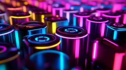 Vibrant battery cell clusters pulsing with light