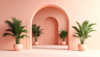 Minimalist Peach Room with Arch and Potted Plants