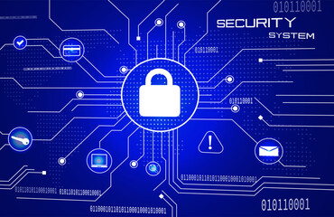 Digital Security Interface with Glowing Lock Icon and Tech Circuit Lines – Data Protection Illustration