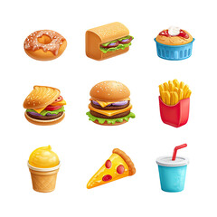 Nine colorful food icons.  Doughnuts, sandwiches, pastries, burgers, fries, ice cream, pizza, and soda.  Cartoonish style