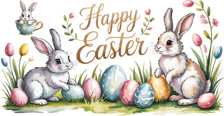 Watercolor Rabbits, Easter Eggs, and Happy Easter Text Illustration for Holiday Card Designs