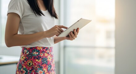 Smiling young woman holding a tablet computer