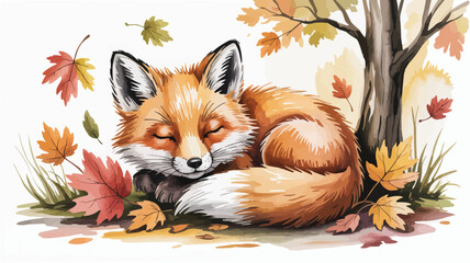 Fototapeta premium Watercolor Sleeping Fox Portrait with Autumn Leaves Under a Tree Illustration