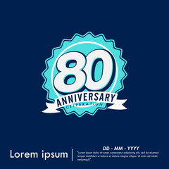80th years anniversary celebration emblem. congratulation anniversary blue medal logo isolated with ribbon on blue background. vector illustration template design for web banner