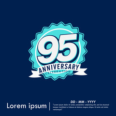 95th years anniversary celebration emblem. congratulation anniversary blue medal logo isolated with ribbon on blue background. vector illustration template design for web banner