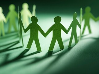 Paper cutout figures connected at hands in circle Green cast light Shadows on background surface