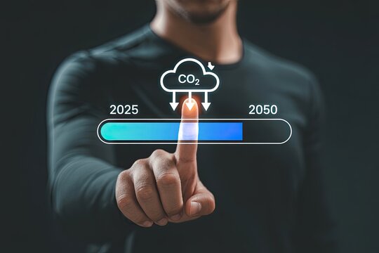 Man s finger touches a digital progress bar indicating co2 reduction goals between 2025 and 2050
