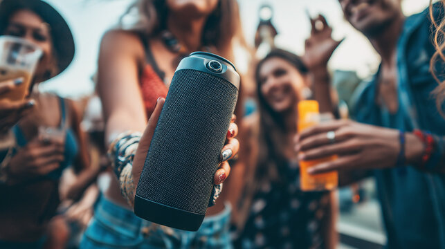 Holding Portable Speaker at Outdoor Party with Friends Enjoying Music