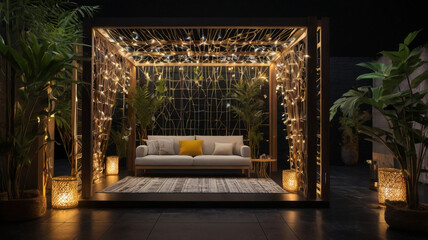 Modern outdoor lounge area with comfortable seating ambient lighting and lush greenery creating a relaxing and inviting space for evening gatherings and leisure