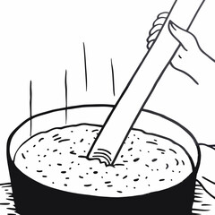 Using a Wooden Spurtle to Stir Porridge in a Cooking Pot