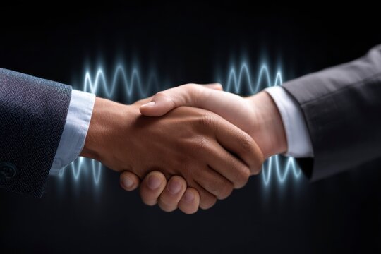 Two business people shaking hands with superimposed light effects
