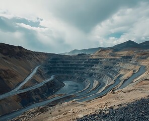Massive Open Pit Mine with Terraced Excavation Layers and Deep Central Shaft Filled with Water