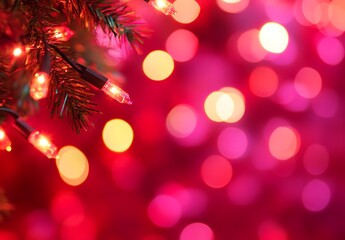 Festive Christmas Lights with Red and Yellow Bokeh Effect and Pine Branches in Warm Holiday Atmosphere
