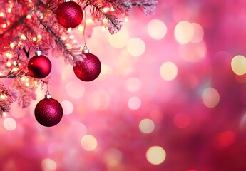 Festive Christmas Lights with Red and Yellow Bokeh Effect and Pine Branches in Warm Holiday Atmosphere