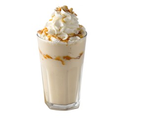 Banana foster dream milkshake in clean tall glass with whipped cream isolated on white background food stock photo