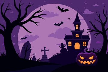 Spooky Halloween Night: Haunted House, Jack-o'-Lantern, Bats, Graveyard, Purple Silhouette Illustration