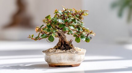 and keyword list based on the image

 Small Tree in Pot Close-up of Bonsai Plant on a Sunny Table Indoors, Daytime Lighting