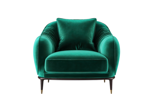 Teal velvet armchair with gold accents.  Deep teal fabric upholstery drapes over a rounded frame with gold-toned legs.  Plush seat and back cushions