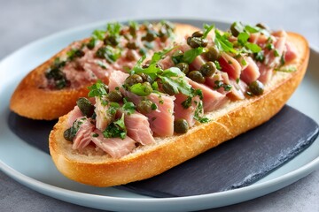Delicious tuna baguette topping with capers and parsley lying on slate plate