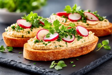 Chef preparing vegetarian sandwich with hummus, radish and herbs