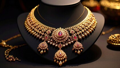 Exquisite gold necklace with intricate designs and gemstones displayed elegantly on a stand