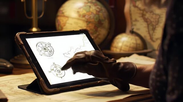 An inventor sketching a complex mechanical device on a digital tablet in a vintage study filled with maps and globes, blending modern technology with historical exploration.