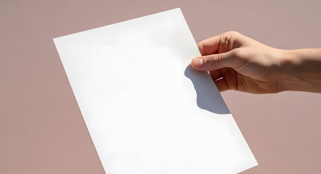 Hand holding a blank white paper sheet against a soft pink background creating contrast and highlighting simplicity for presentation or design purposes.