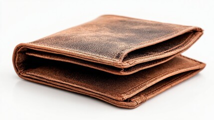 Folded brown leather wallet, distressed appearance, on a white background