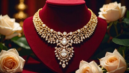 Elegant gold and diamond necklace displayed on a velvet stand surrounded by white roses