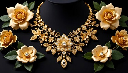 Elegant golden necklace adorned with floral designs and roses, set against a dark background