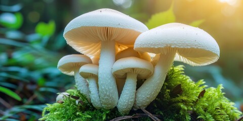 A group of white mushrooms are growing on a mossy log