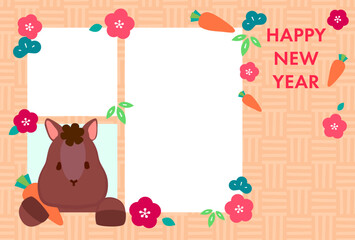 かわいい馬が窓から顔を出しているカラフルな午年フォト年賀状(文字なし)　オレンジ背景