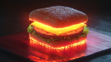 Square burger glowing like a hologram
