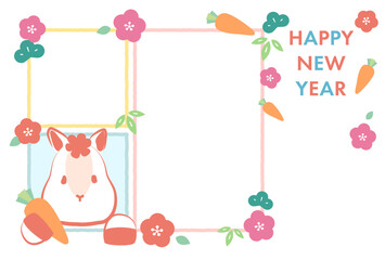 かわいい白馬が窓から顔を出しているカラフルな午年フォト年賀状(文字なし)　白背景