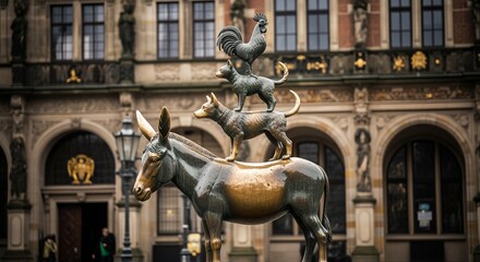 Fototapeta premium Bronze Animal Sculpture Featuring Donkey, Dog and Rooster Outside Building