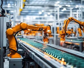 Advanced Robotic Arms Operating on Automated Conveyor Belt in High-Tech Industrial Manufacturing Facility
