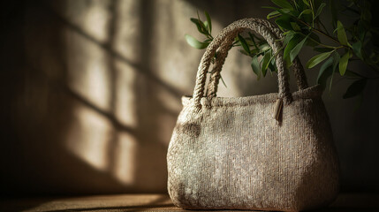 Neutral Woven Tote Bag with Plant Sprigs in Soft Window Light