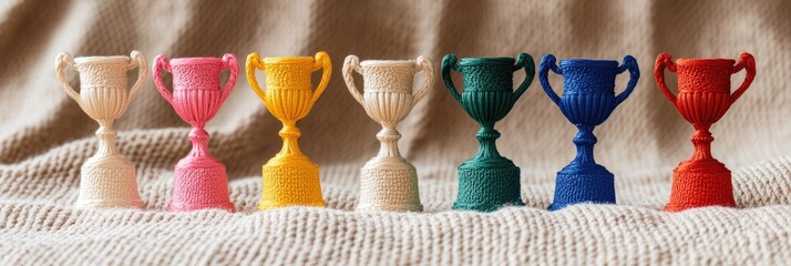 A row of colorful cups with different colors and sizes