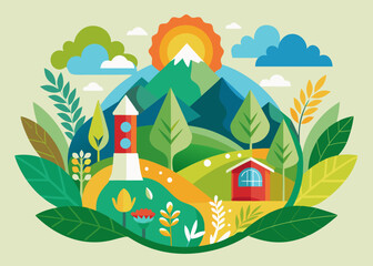 Vibrant flat design landscape with mountains lighthouse and cabin