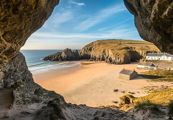 Stunning Sunset View from a Rocky Cave Opening Over a Tranquil Beach with Reflective Wet Sand and Colorful Sky