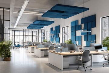 Modern open-plan office, light-filled, with blue acoustic panels