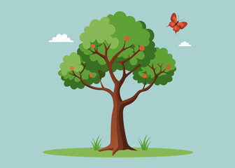 A whimsical illustration of a fruiting tree with a butterfly in a clear sky