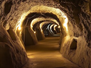Mysterious Illuminated Tunnel Carved in Rock with Symmetrical Lighting and Surreal Depth