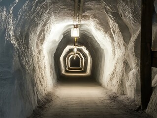 Mysterious Illuminated Tunnel Carved in Rock with Symmetrical Lighting and Surreal Depth